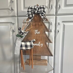 Wooden Rustic Handmade Holiday Tree and a Plush Deer with Buffalo Print